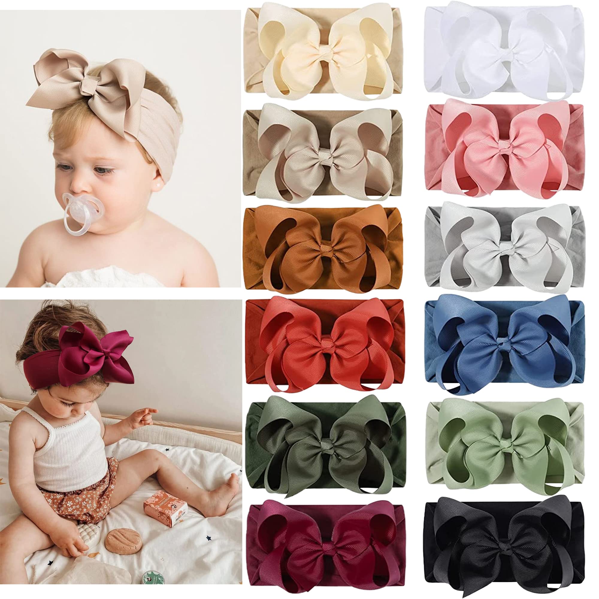 Ayesha Baby Headbands with Soft Nylon Hairbands and Hair Bows for Newborn, Toddler, and Baby Girls (12 Pack)