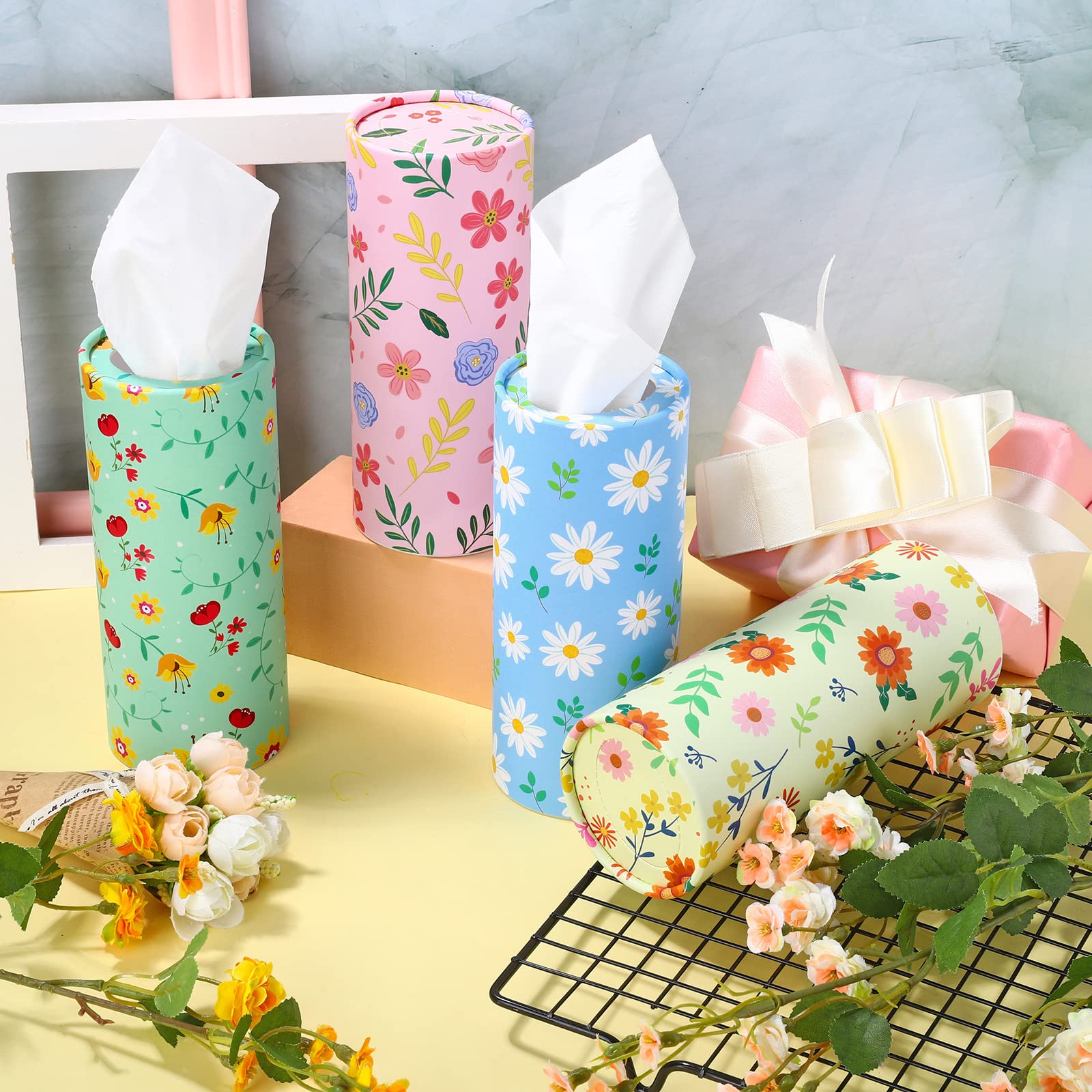 Shojoy 12 Pieces Spring Flowers Car Tissues Box Spring Floral Car Tissues Cylinder in 4 Design Refill Round Car Tissue Holder with Facial Tissues for Wedding Birthday Party Car Cup Holder Travel Home