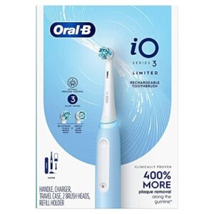 oral-b io series 3 limited edition electric toothbrush with 2 brush heads, ultimate clean, gentle care, pressure sensor, rechargeable, blue, with compatible microfiber cleaning cloth