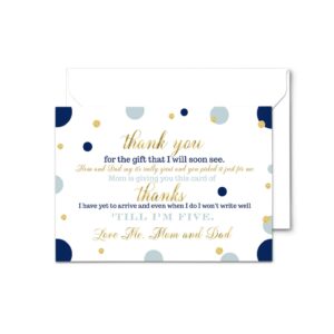 paper clever party 25 navy and gold baby thank you cards pack – boys baby shower notes with envelopes, prefilled message, customizable blank stationery, new parents gift ideas