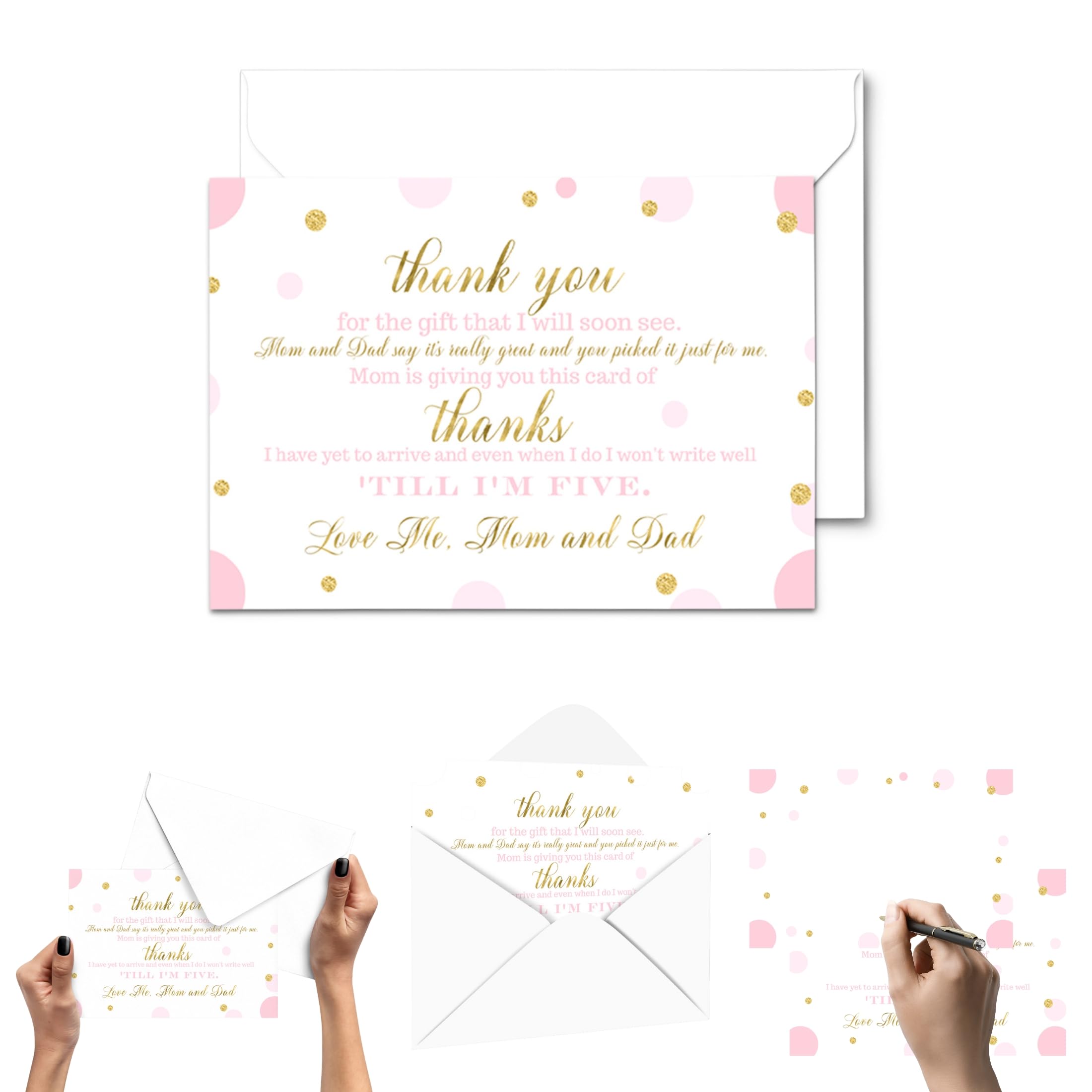 Paper Clever Party 25 Pink and Gold Baby Thank You Cards Pack – Cute Baby Shower Notes with Envelopes, Prefilled Message, Customizable Blank Stationery, Princess Theme, New Parents Gift Ideas