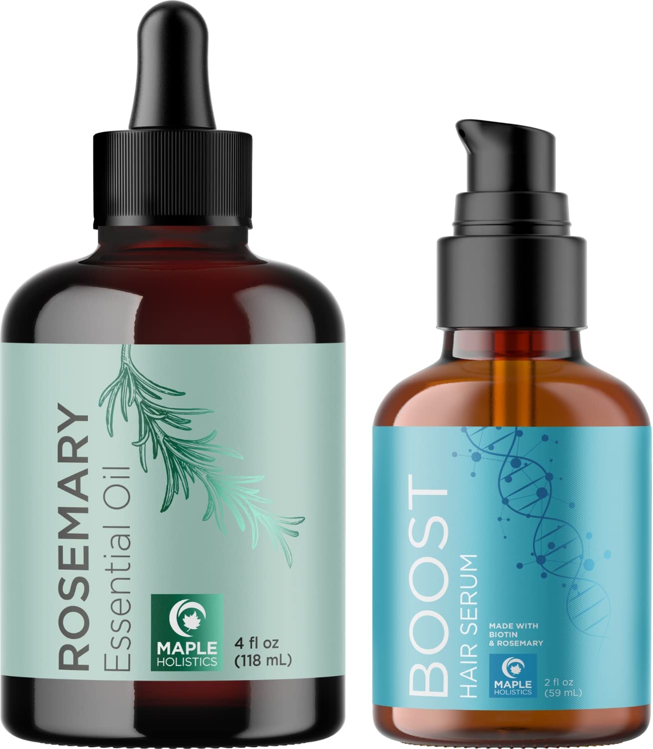 Maple Holistics Hair Regrowth Bundle - Pure Rosemary Oil for Hair Growth with Boost Hair Thickening Serum with Peppermint Black Castor Oil and More - Advanced Biotin Hair Growth Serum with Rosemary