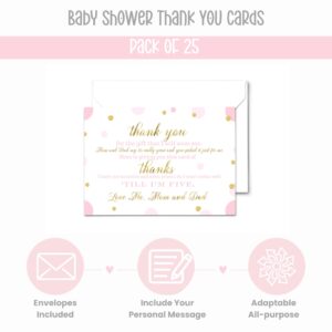 Paper Clever Party 25 Pink and Gold Baby Thank You Cards Pack – Cute Baby Shower Notes with Envelopes, Prefilled Message, Customizable Blank Stationery, Princess Theme, New Parents Gift Ideas