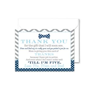 paper clever party 25 bow tie baby thank you cards pack – boys baby shower notes with envelopes, prefilled message, customizable blank stationery, adventure theme, new parents gift ideas