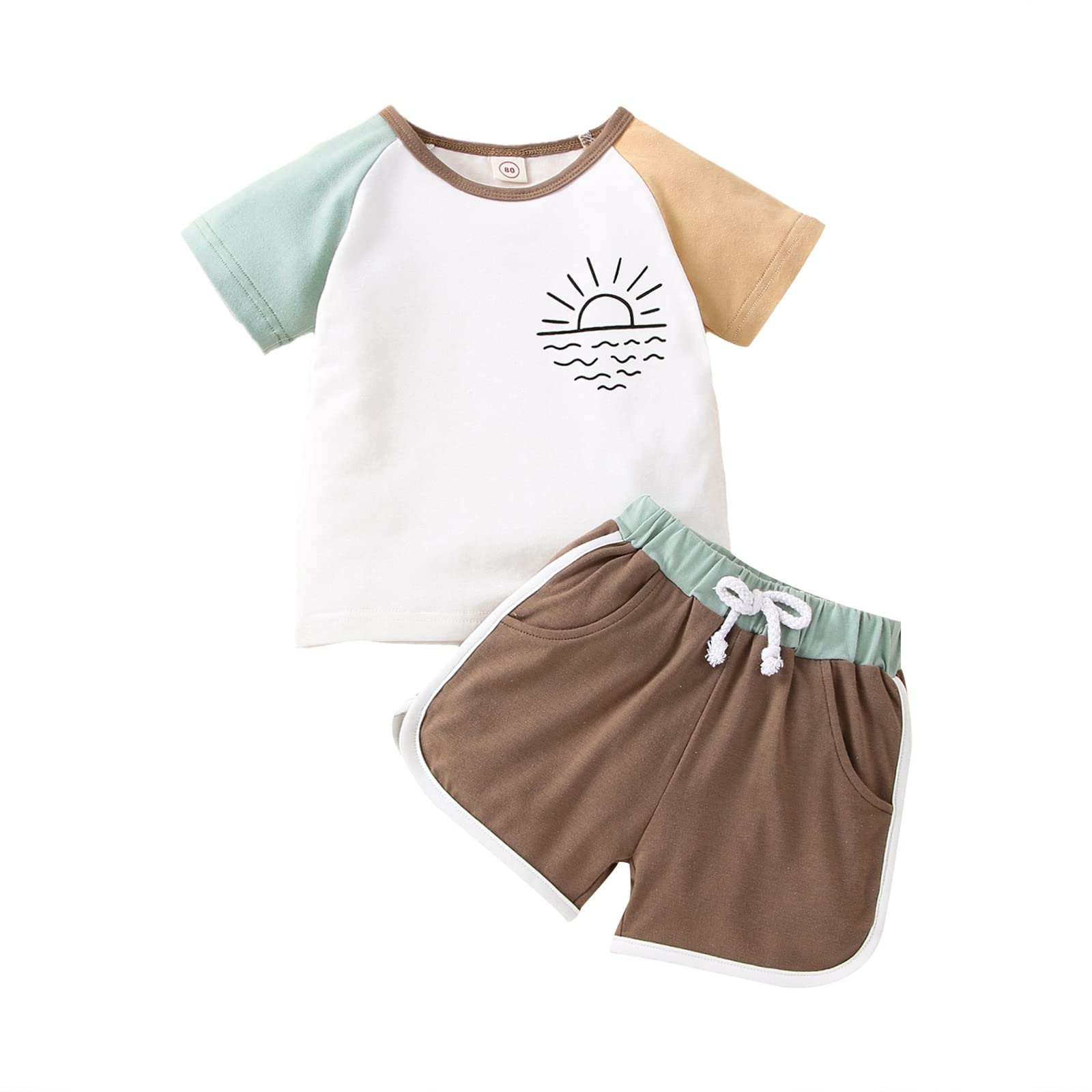 Toddler Baby Girls Boys Summer Clothes Outfit Sun Printed Set Short Sleeve Crewneck T-shirt Patchwork Shorts Set (Green# Khaki, 9-12 Months)