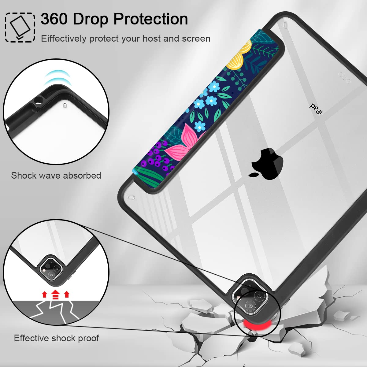 May Chen for iPad Pro M2 11 inch 4th Generation 2022, [Built-in Pencil Holder] Shockproof Cover w/Clear Transparent Back Shell Also Fit iPad Pro 11" 3rd/2nd/1st Gen 2021 2020 2018, Spring Flowers