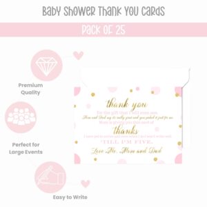 Paper Clever Party 25 Pink and Gold Baby Thank You Cards Pack – Cute Baby Shower Notes with Envelopes, Prefilled Message, Customizable Blank Stationery, Princess Theme, New Parents Gift Ideas