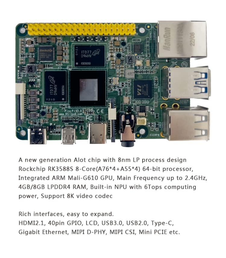 youyeetoo Pico Pi Single Board Computer, RK3588S SBC, 8GB LPDDR4 RAM, Raspberry Pi 4B+ Form Factor,Support Android 12/Linux/Ubuntu/Debian(Not inlucde Emmc)