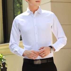 Men's Lightweight Casual Classic Dress Shirt Regular Fit Button Down Shirts Solid Wrinkle Free Long Sleeve Shirts (White,XX-Large)