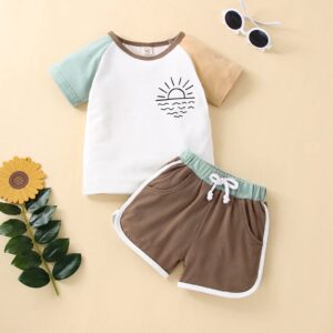 Toddler Baby Girls Boys Summer Clothes Outfit Sun Printed Set Short Sleeve Crewneck T-shirt Patchwork Shorts Set (Green# Khaki, 9-12 Months)