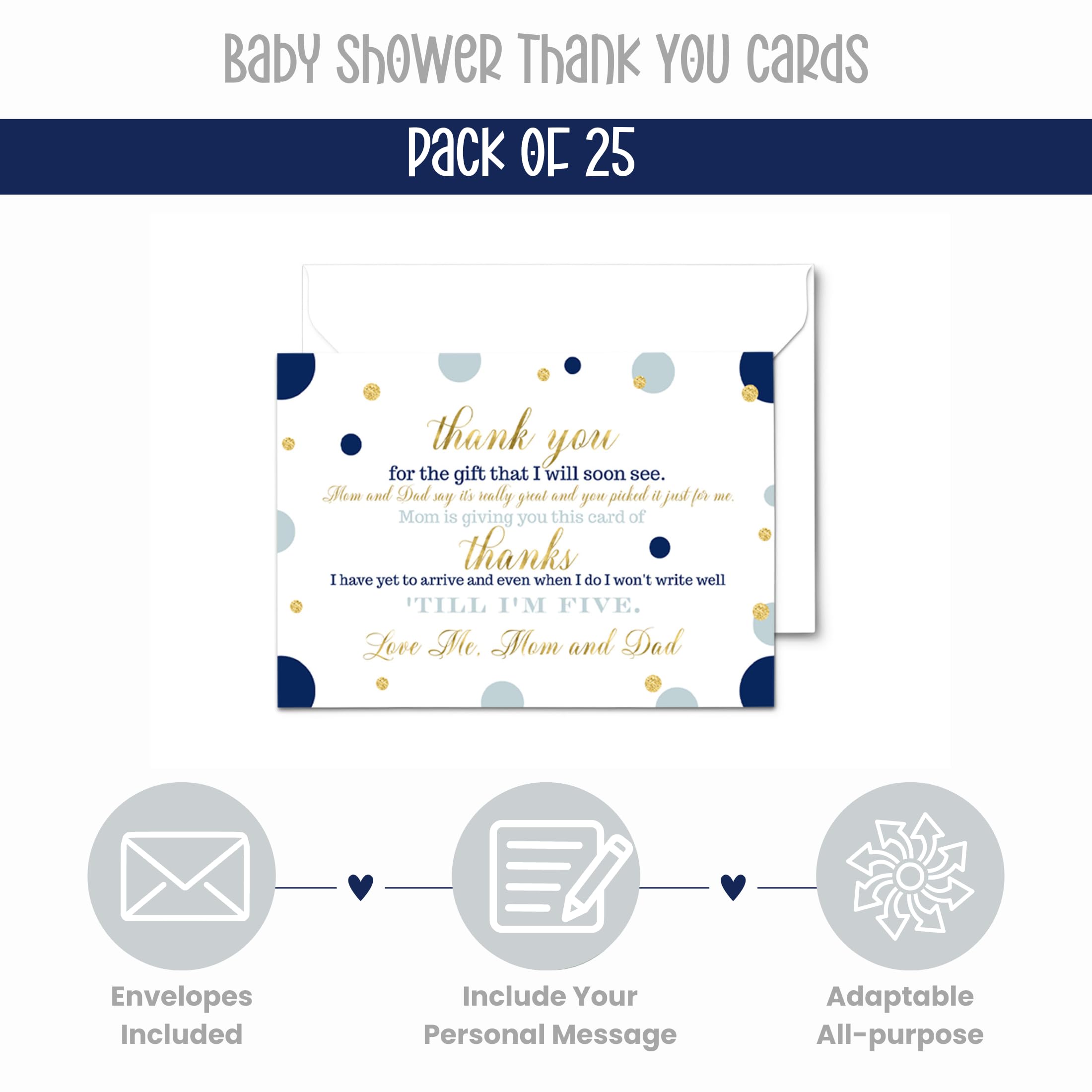 Paper Clever Party 25 Navy and Gold Baby Thank You Cards Pack – Boys Baby Shower Notes with Envelopes, Prefilled Message, Customizable Blank Stationery, New Parents Gift Ideas