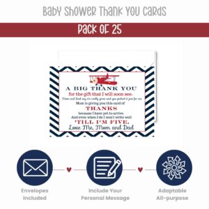 Paper Clever Party 25 Airplane Baby Thank You Cards Pack – Boys Baby Shower Notes with Envelopes, Prefilled Message, Customizable Blank Stationery, Adventure Theme, New Parents Gift Ideas