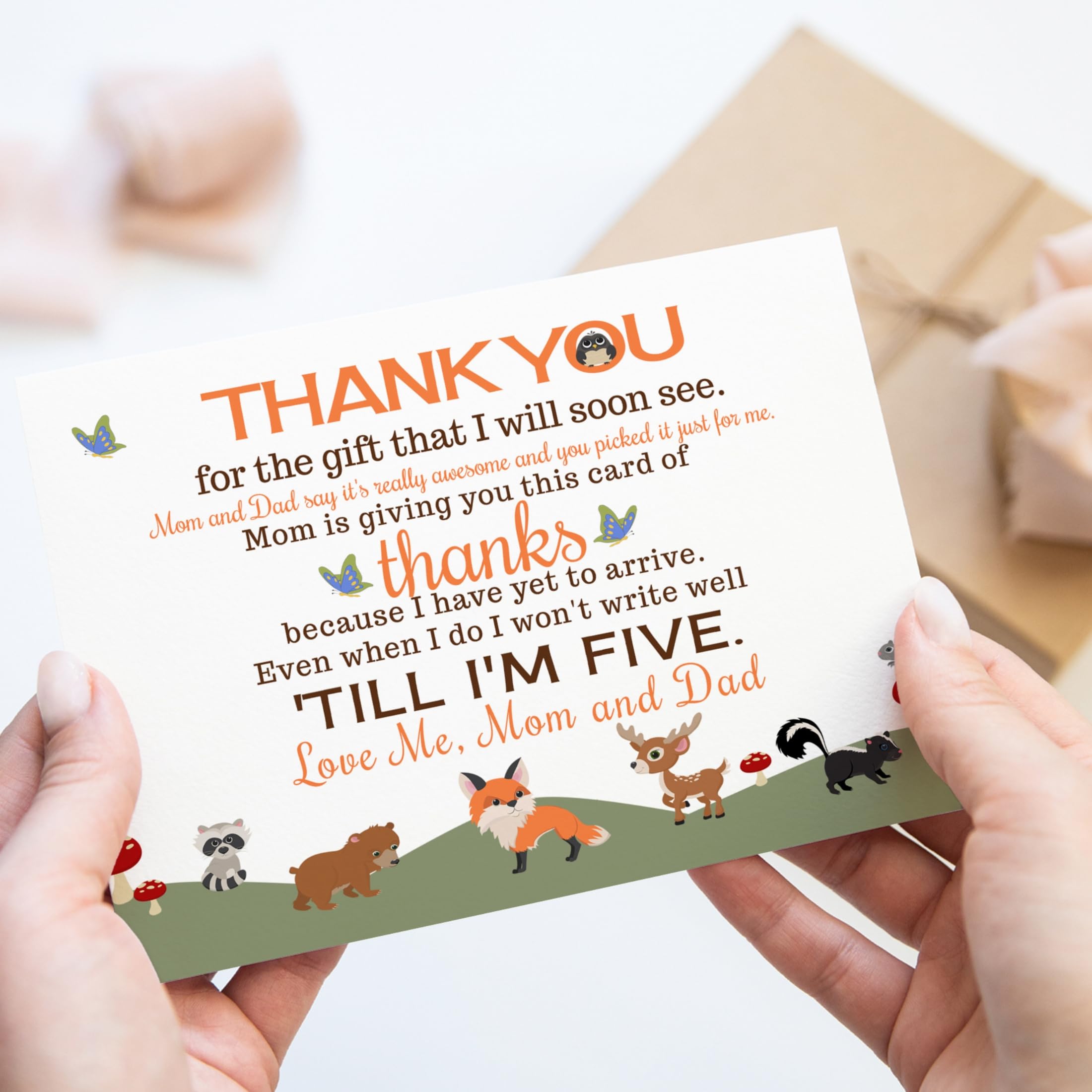 Woodland Baby Shower Thank You Cards and Envelopes – 25 Pack, Rustic Forest Animals Orange Notes Set, Prefilled Message, Customizable Blank Stationery, Gender Neutral, New Parents Gift Ideas