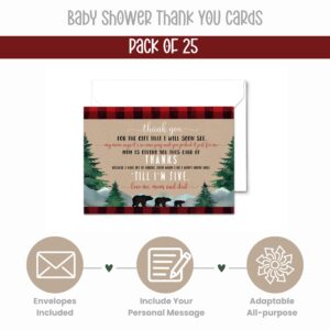 Paper Clever Party 25 Lumberjack Baby Thank You Cards Pack – Boys Baby Shower Notes with Envelopes, Prefilled Message, Customizable Blank Stationery, Rustic Bear, New Parents Gift Ideas