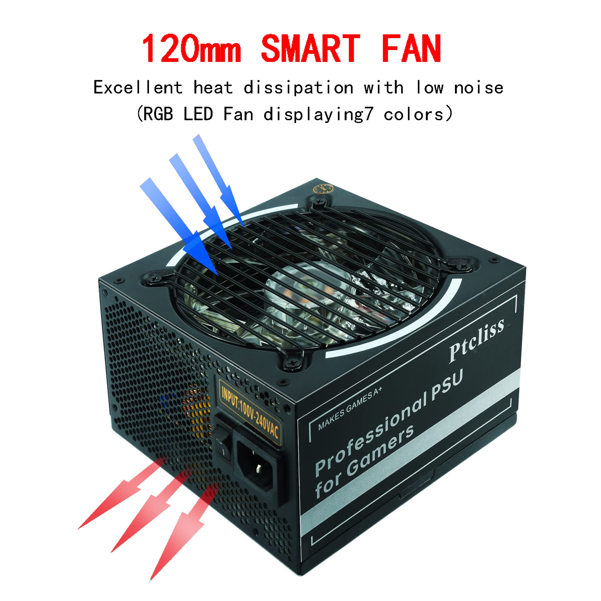 Ptcliss 650W GD650S ATX Gaming PC Power Supply 80+ Bronze PSU Non-Modular Power Supply Flat Black Cables RGB LED Fan