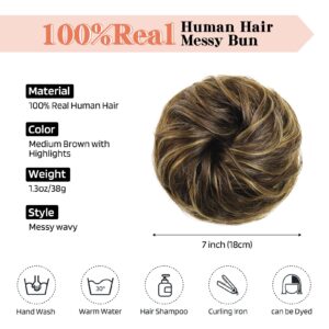 Flufymooz Messy Bun Hair Piece, 100% Real Human Hair Tousled Updo Extension Natural Curly Messy Bun with Elastic Band Hair Bun Hair Piece Ponytail Extensions for Women（Medium Brown with Highlights）