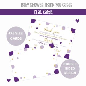 Paper Clever Party 25 Purple and Gold Baby Thank You Cards Pack – Cute Baby Shower Notes with Envelopes, Prefilled Message, Customizable Blank Stationery, Princess Theme, New Parents Gift Ideas