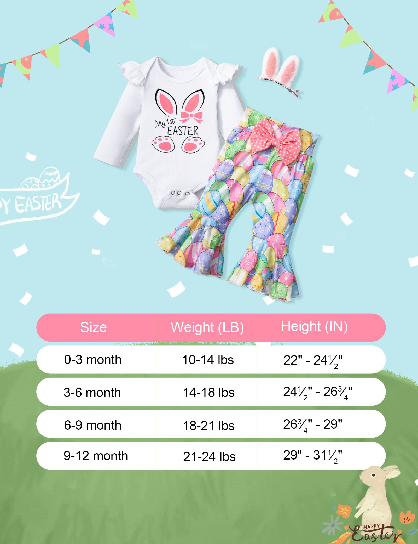 KANGKANG Easter Outfit Baby Girl 12 month Girl Clothes Rabbit Print Romper Flared Pants Pair of Hair Clips