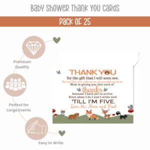 Woodland Baby Shower Thank You Cards and Envelopes – 25 Pack, Rustic Forest Animals Orange Notes Set, Prefilled Message, Customizable Blank Stationery, Gender Neutral, New Parents Gift Ideas