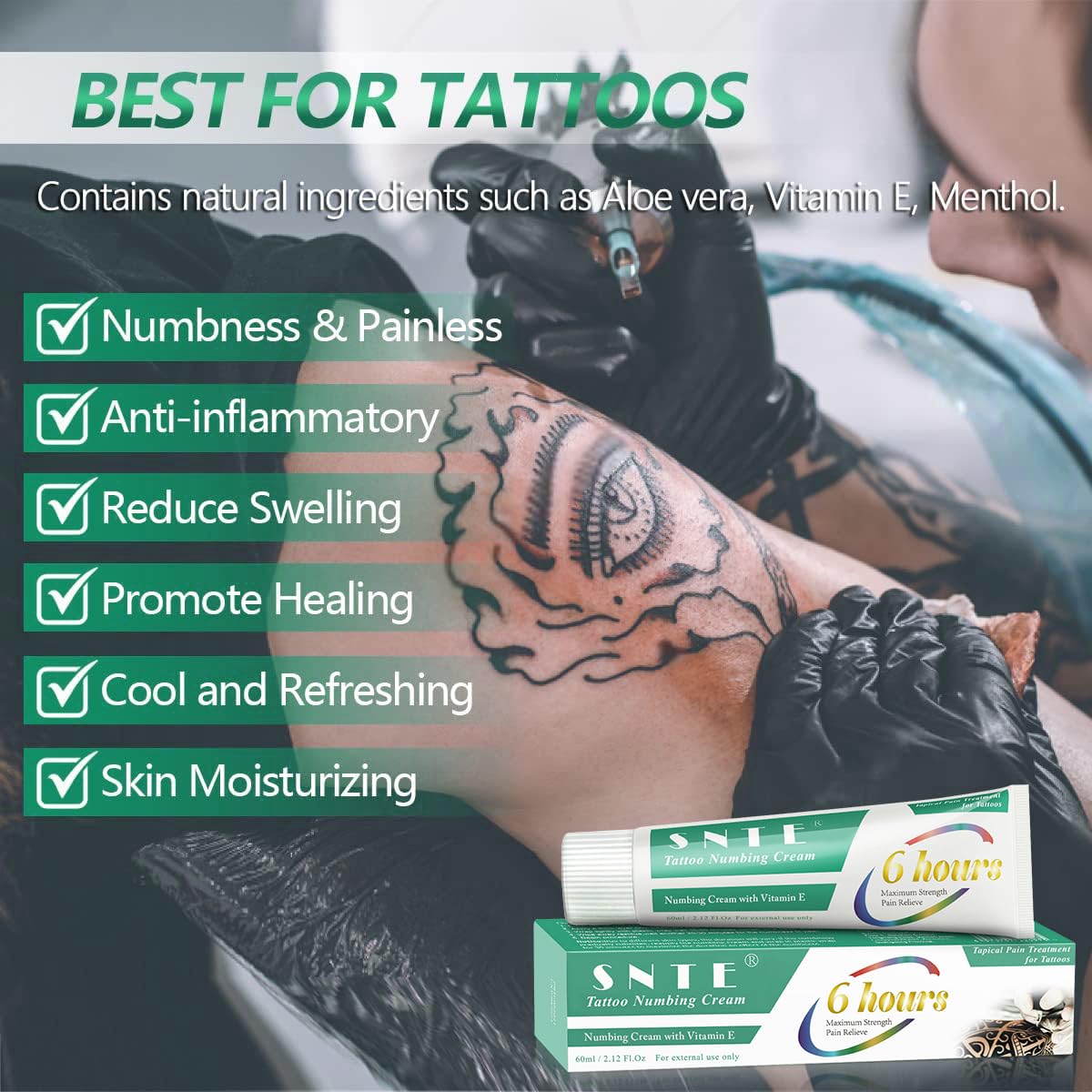 Numbing Cream for Tattoos Extra Strength (60ml/2.12floz), Lasts Over 6 Hours Maximum Strength Painless Tattoo Numbing Cream, Best Formula for Tattoos, Effective Promotes Healing Tattoo Numbing Cream