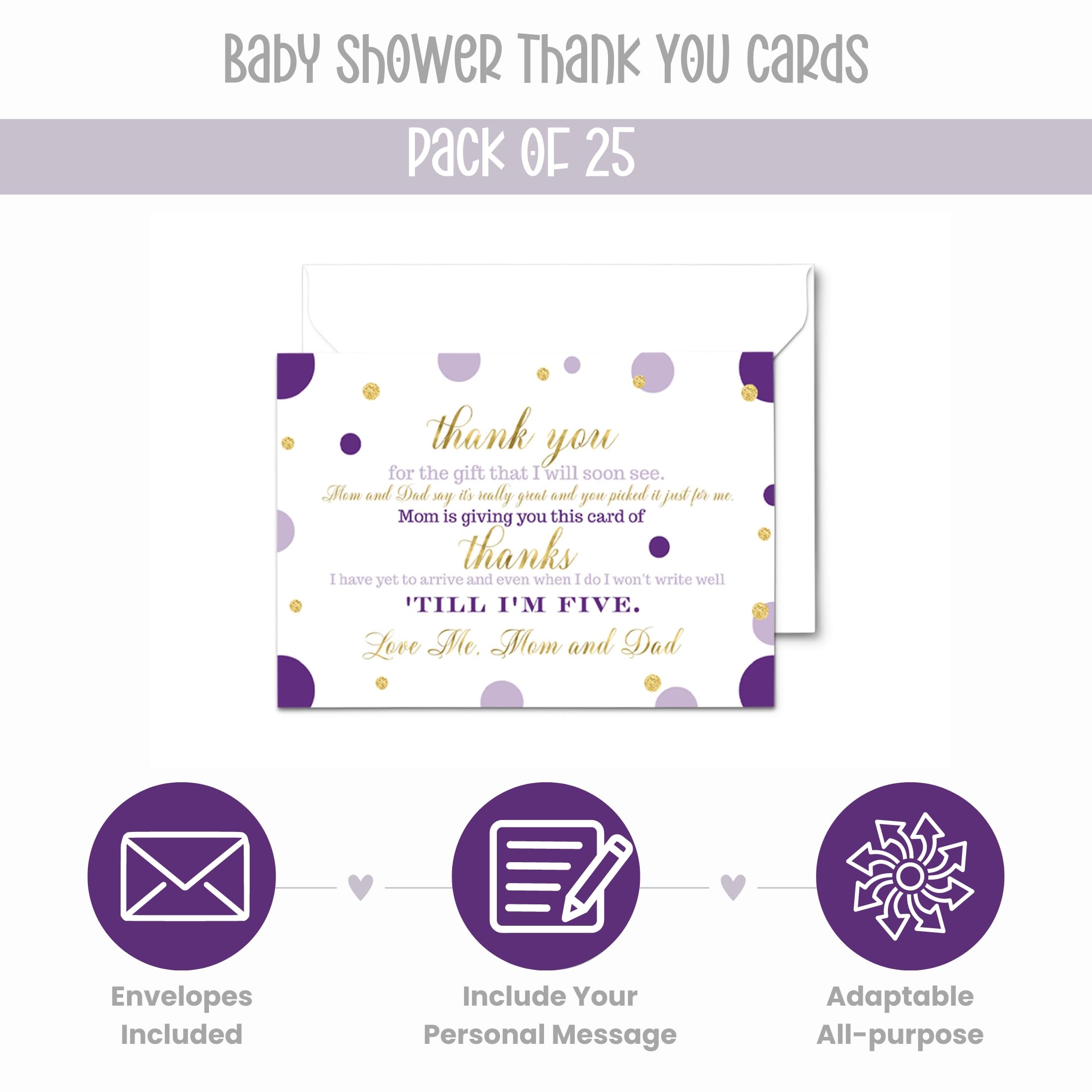 Paper Clever Party 25 Purple and Gold Baby Thank You Cards Pack – Cute Baby Shower Notes with Envelopes, Prefilled Message, Customizable Blank Stationery, Princess Theme, New Parents Gift Ideas