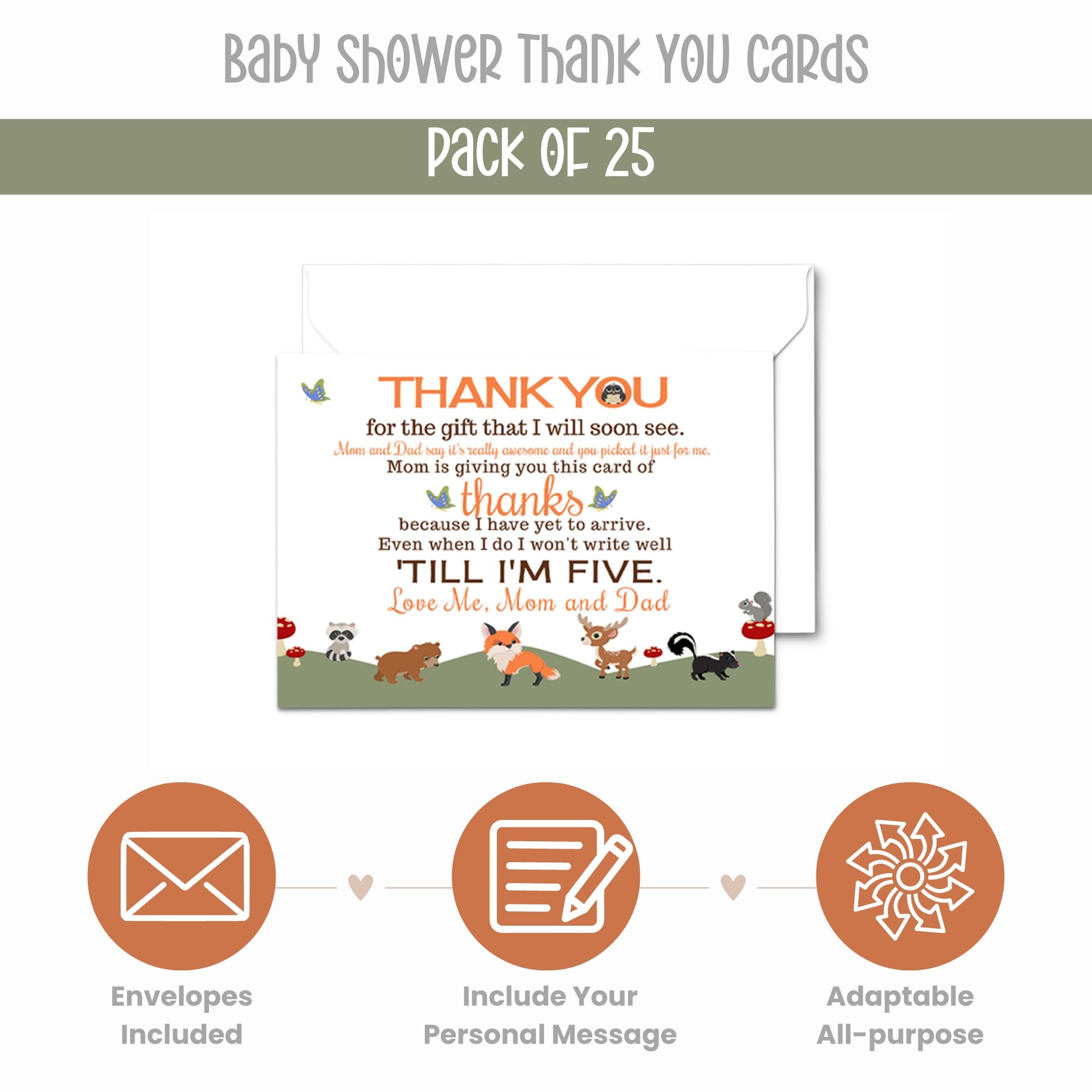 Woodland Baby Shower Thank You Cards and Envelopes – 25 Pack, Rustic Forest Animals Orange Notes Set, Prefilled Message, Customizable Blank Stationery, Gender Neutral, New Parents Gift Ideas