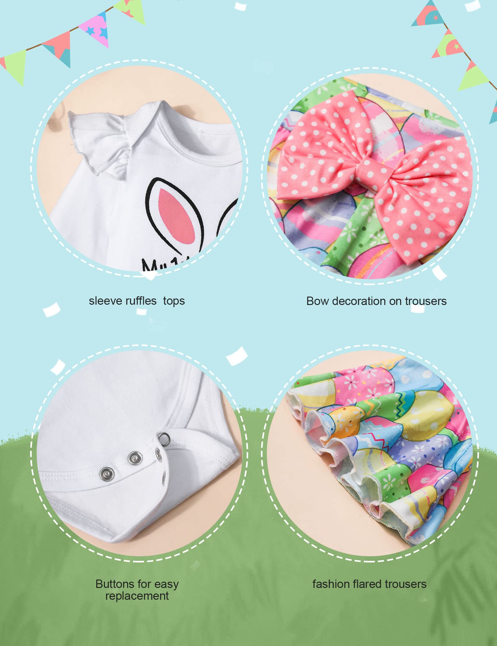 KANGKANG Easter Outfit Baby Girl 12 month Girl Clothes Rabbit Print Romper Flared Pants Pair of Hair Clips