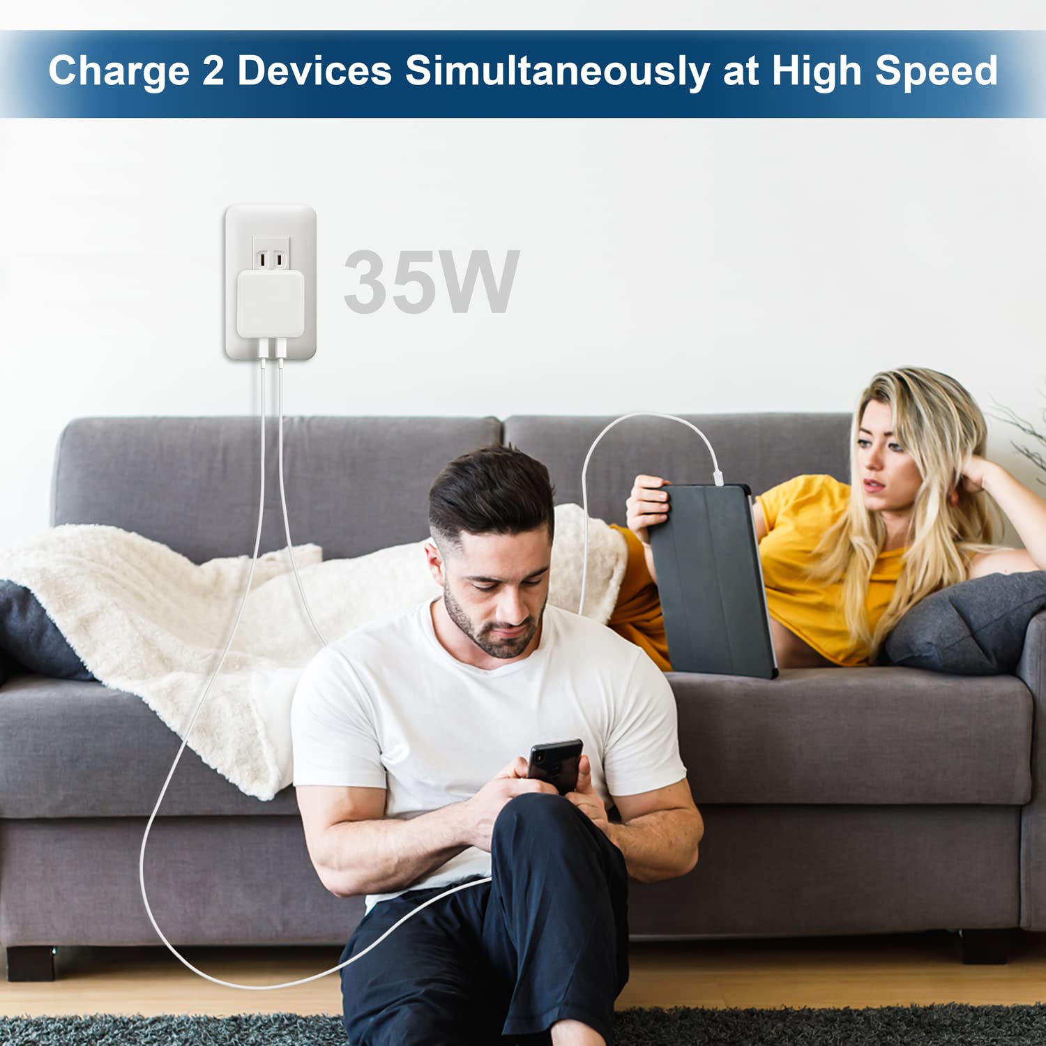 35W Dual USB-C Port Compact Power Adapter PD Foldable USB Type C Plug Fast Wall Charger Block for Android, iPhone 15 14 13 12 11 Pro Max Plus Mini, iPad