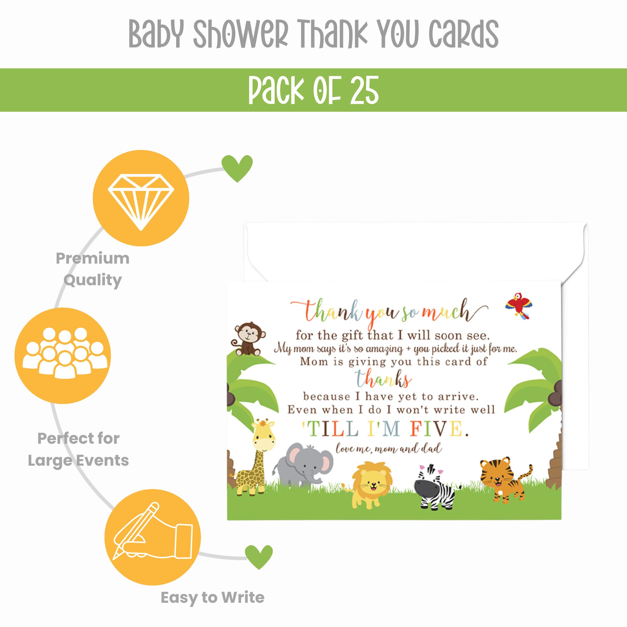 Paper Clever Party 25 Jungle Baby Thank You Cards Pack – Cute Baby Shower Notes with Envelopes, Prefilled Message, Customizable Blank Stationery, Gender Neutral, New Parents Gift Ideas