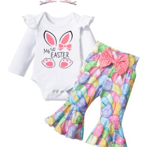 KANGKANG Easter Outfit Baby Girl 12 month Girl Clothes Rabbit Print Romper Flared Pants Pair of Hair Clips