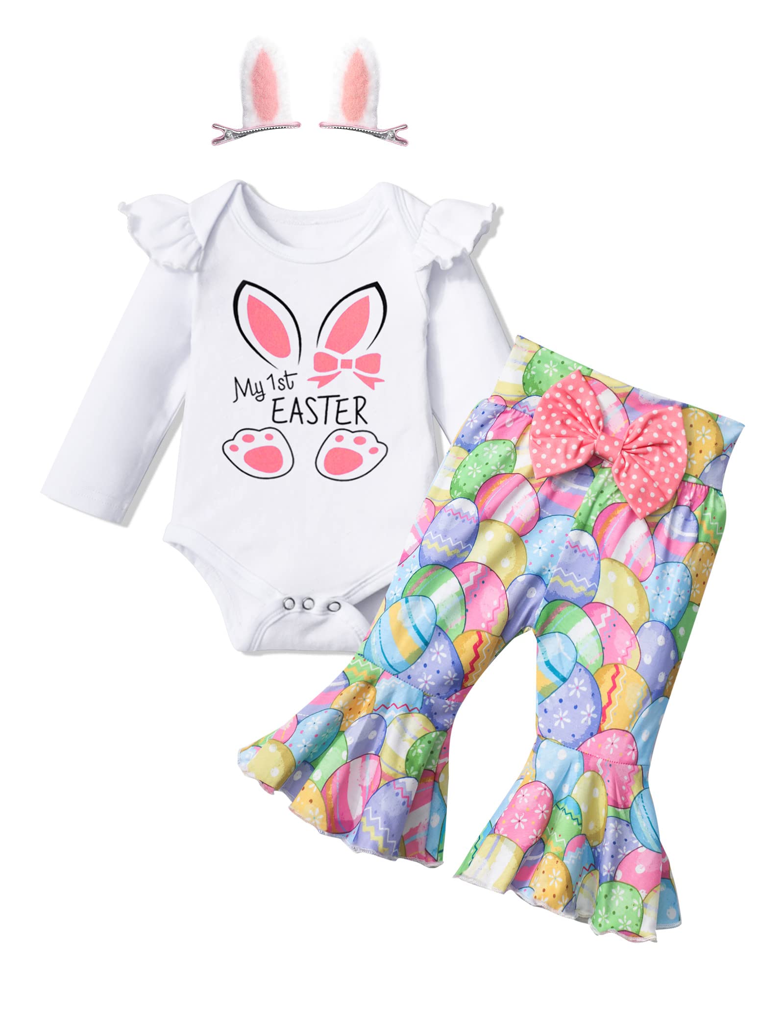 KANGKANG Easter Outfit Baby Girl 12 month Girl Clothes Rabbit Print Romper Flared Pants Pair of Hair Clips