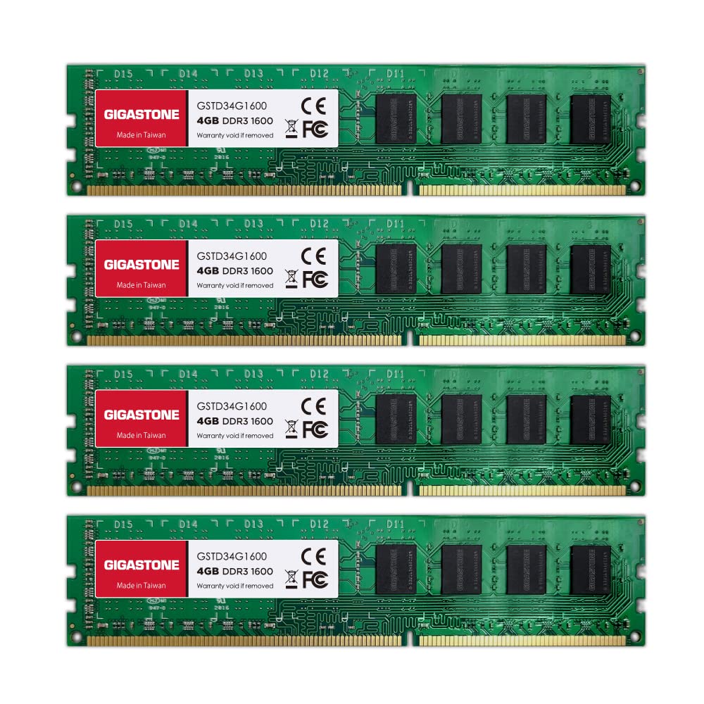 【DDR3 RAM】 GIGASTONE 16GB Kit (4x4GB) DDR3/DDR3L 1600MHz (1333MHz) PC3-12800 (PC3-10600) CL11 1.35V/1.5V 2Rx8 UDIMM 240 Pin Unbuffered Non ECC High Performance PC Desktop Memory Upgrade