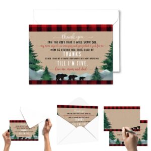 Paper Clever Party 25 Lumberjack Baby Thank You Cards Pack – Boys Baby Shower Notes with Envelopes, Prefilled Message, Customizable Blank Stationery, Rustic Bear, New Parents Gift Ideas