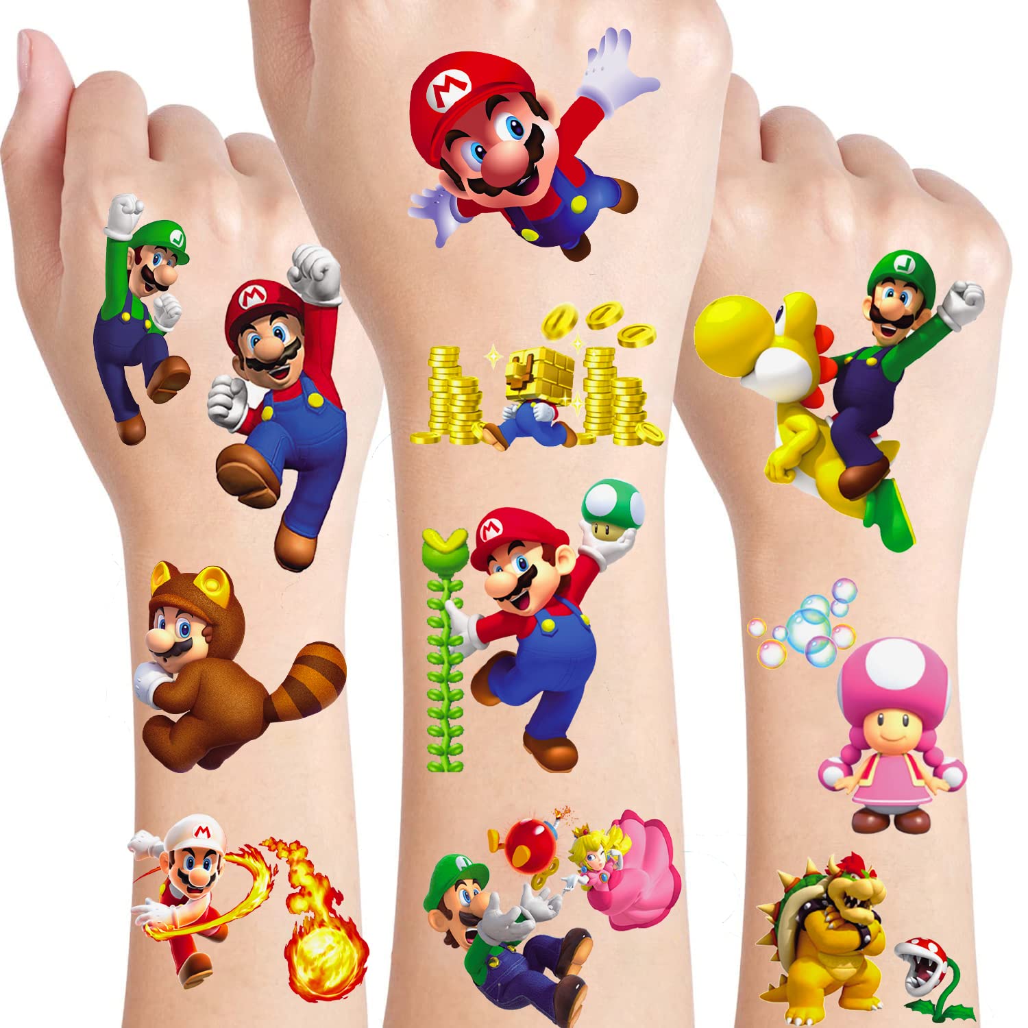 Super Brother Birthday Party Supplies,8 Sheets 136Pcs Temporary Tattoos Party Favors,Removable Skin Safe, Fake Tattoo Stickers for Super Brother Birthday Party Gifts Favors