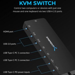 SABRENT KVM Switch, USB-C, 1 PC to 2-Displays with 60 Watt Power Delivery (USB-CKDH)