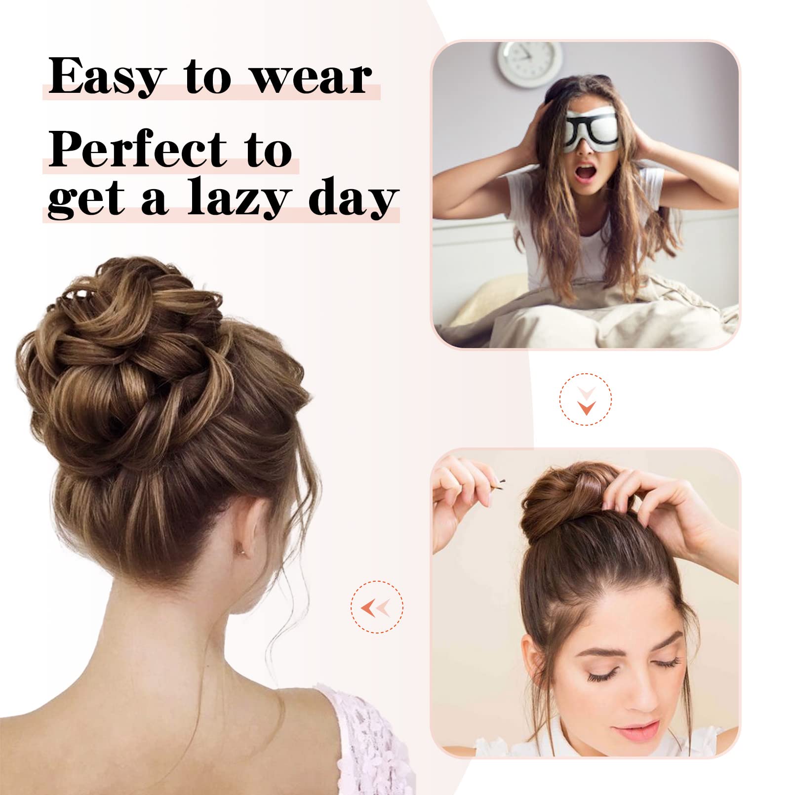 Flufymooz Messy Bun Hair Piece, 100% Real Human Hair Tousled Updo Extension Natural Curly Messy Bun with Elastic Band Hair Bun Hair Piece Ponytail Extensions for Women（Medium Brown with Highlights）