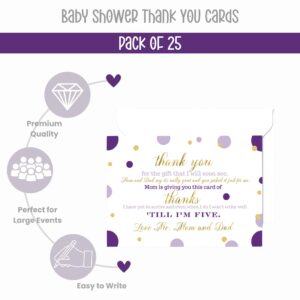 Paper Clever Party 25 Purple and Gold Baby Thank You Cards Pack – Cute Baby Shower Notes with Envelopes, Prefilled Message, Customizable Blank Stationery, Princess Theme, New Parents Gift Ideas