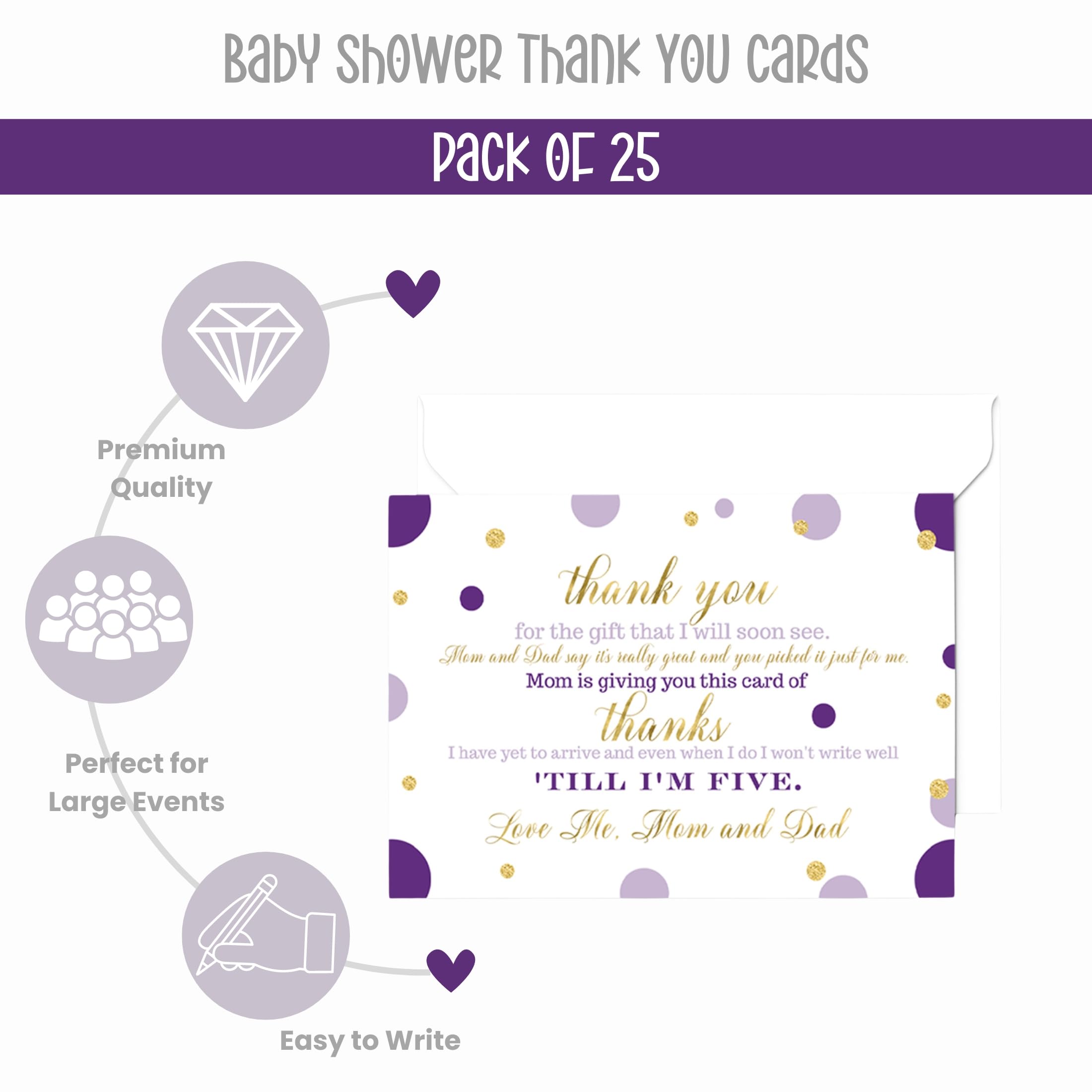 Paper Clever Party 25 Purple and Gold Baby Thank You Cards Pack – Cute Baby Shower Notes with Envelopes, Prefilled Message, Customizable Blank Stationery, Princess Theme, New Parents Gift Ideas