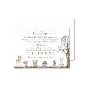 paper clever party 25 girls woodland baby thank you cards pack – cute baby shower notes with envelopes, prefilled message, customizable blank stationery, pink, rustic floral, new parents gift ideas