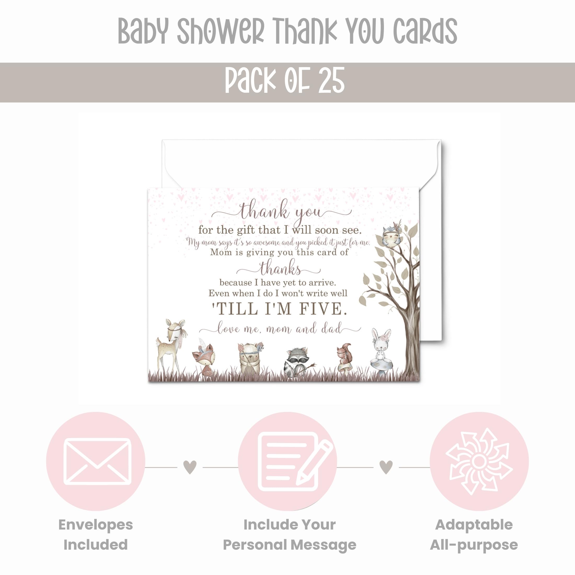 Paper Clever Party 25 Girls Woodland Baby Thank You Cards Pack – Cute Baby Shower Notes with Envelopes, Prefilled Message, Customizable Blank Stationery, Pink, Rustic Floral, New Parents Gift Ideas