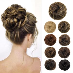 flufymooz messy bun hair piece, 100% real human hair tousled updo extension natural curly messy bun with elastic band hair bun hair piece ponytail extensions for women（medium brown with highlights）