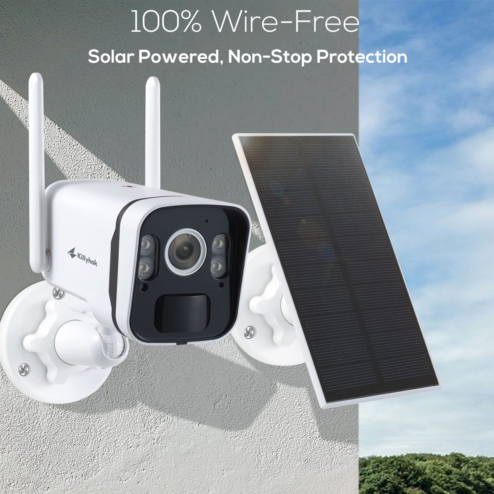 Kittyhok Wireless Solar Security Camera System, 8pcs 100% Wire-Free Security Camera Outdoor Solar Powered, Smart Human Detection, Spotlight, Forever Power, 10CH NVR, 64GB Local Storage, 0 Monthly