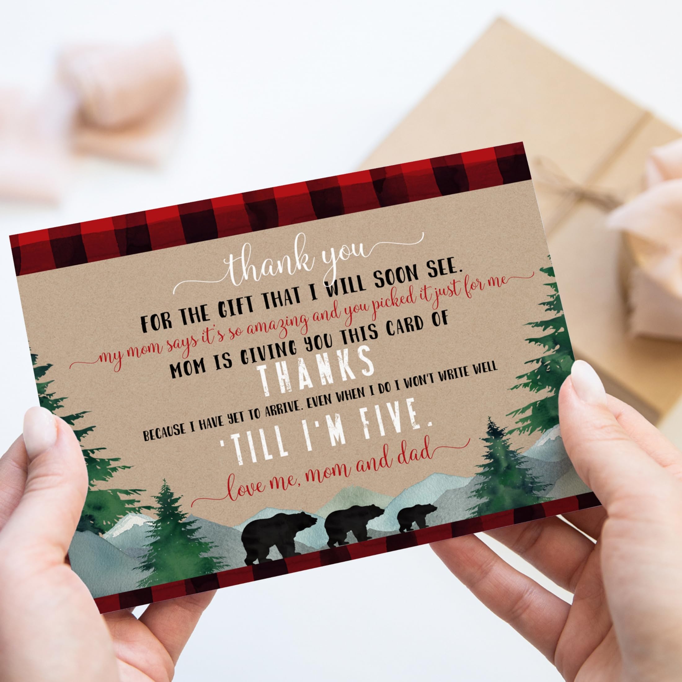 Paper Clever Party 25 Lumberjack Baby Thank You Cards Pack – Boys Baby Shower Notes with Envelopes, Prefilled Message, Customizable Blank Stationery, Rustic Bear, New Parents Gift Ideas