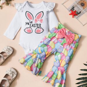 KANGKANG Easter Outfit Baby Girl 12 month Girl Clothes Rabbit Print Romper Flared Pants Pair of Hair Clips