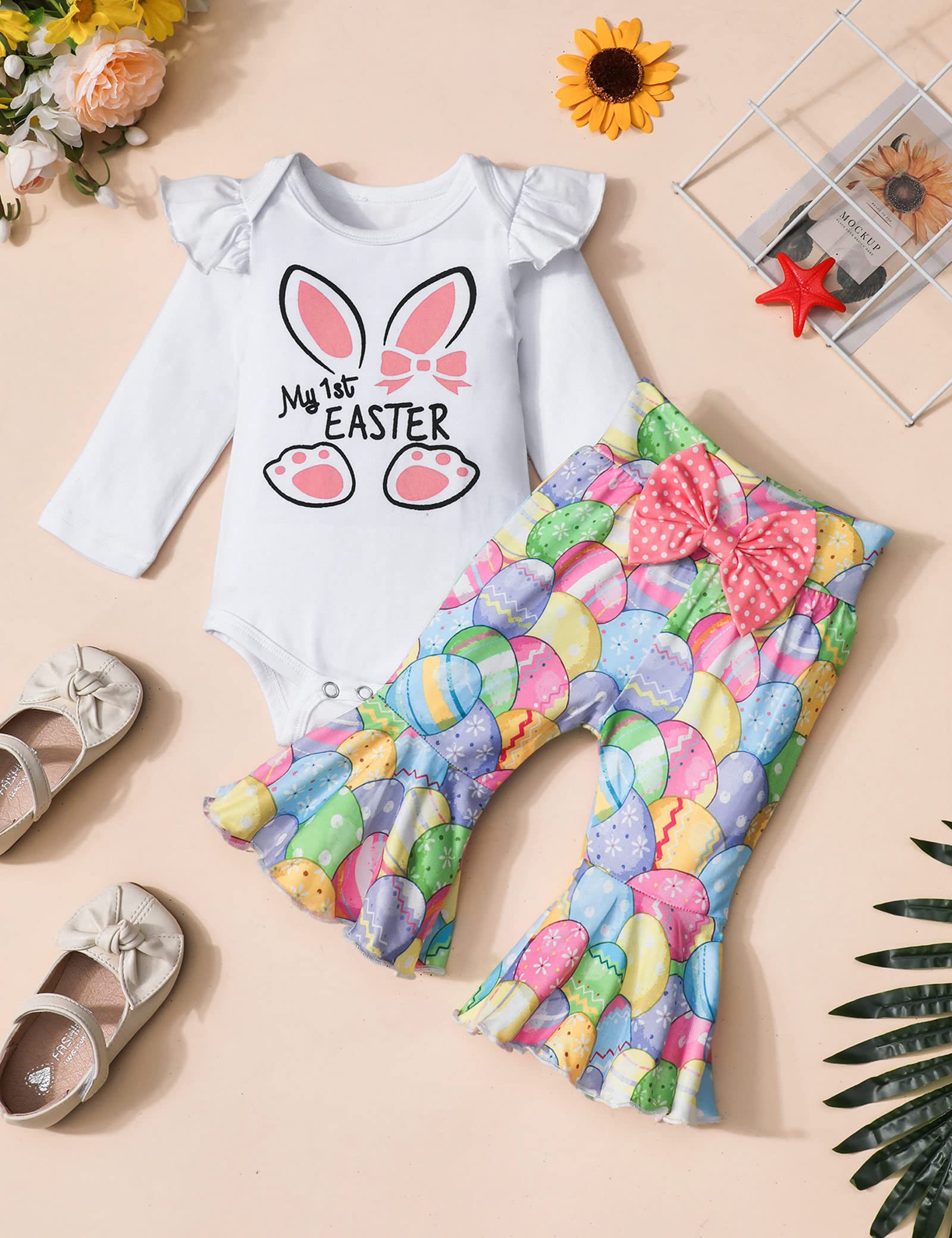 KANGKANG Easter Outfit Baby Girl 12 month Girl Clothes Rabbit Print Romper Flared Pants Pair of Hair Clips