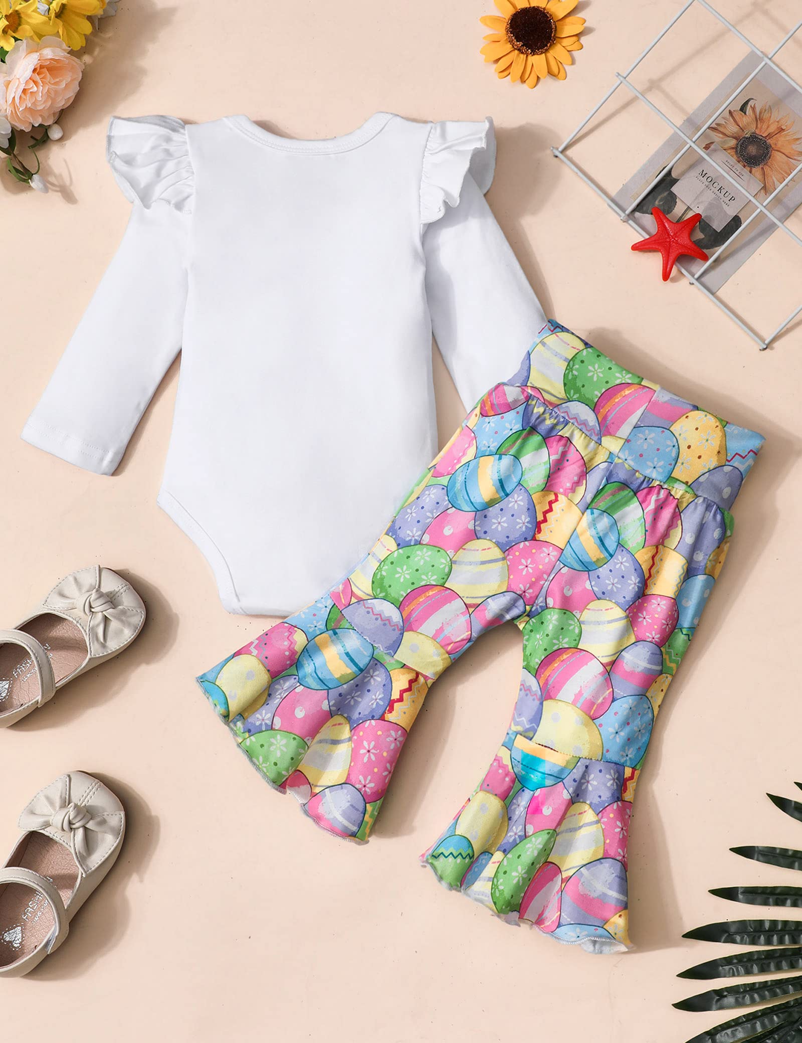 KANGKANG Easter Outfit Baby Girl 12 month Girl Clothes Rabbit Print Romper Flared Pants Pair of Hair Clips