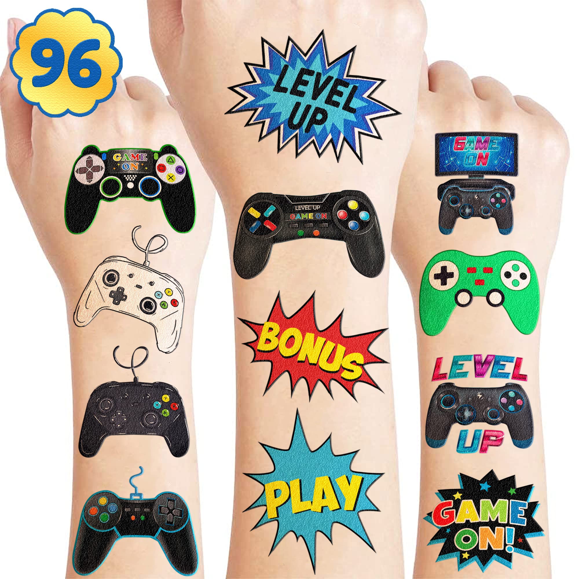 Gamer Temporary Tattoos Themed Birthday Party Decorations Supplies Favors Decor Cute Tattoo Stickers 8 Sheets 96 PCS Gifts for Kids Boys Girls Games Classroom Rewards Prizes Carnival Christmas