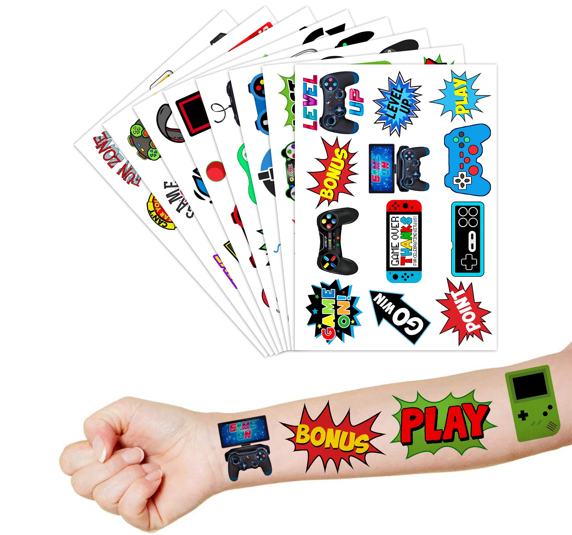 Gamer Temporary Tattoos Themed Birthday Party Decorations Supplies Favors Decor Cute Tattoo Stickers 8 Sheets 96 PCS Gifts for Kids Boys Girls Games Classroom Rewards Prizes Carnival Christmas