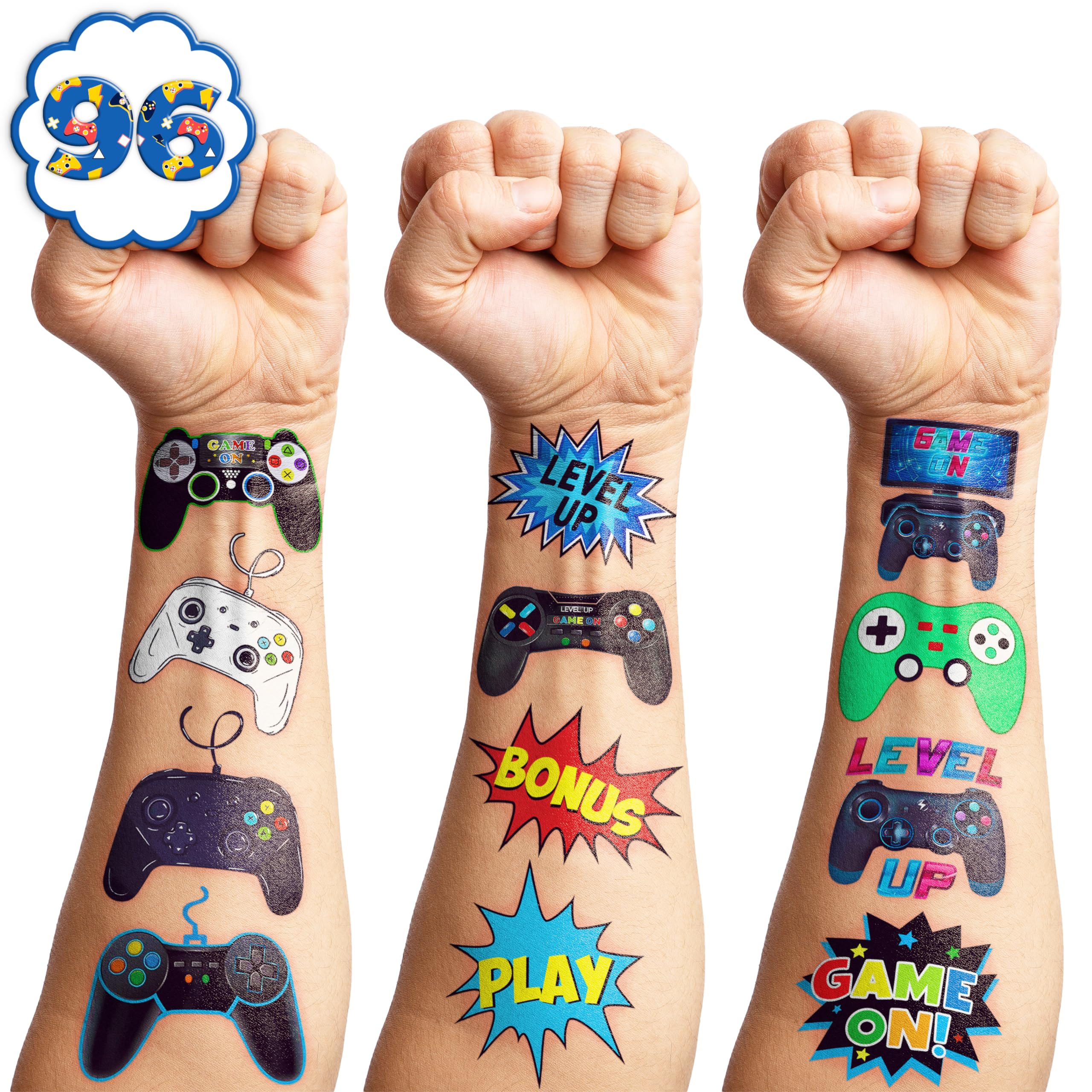 Gamer Temporary Tattoos Themed Birthday Party Decorations Supplies Favors Decor Cute Tattoo Stickers 8 Sheets 96 PCS Gifts for Kids Boys Girls Games Classroom Rewards Prizes Carnival Christmas