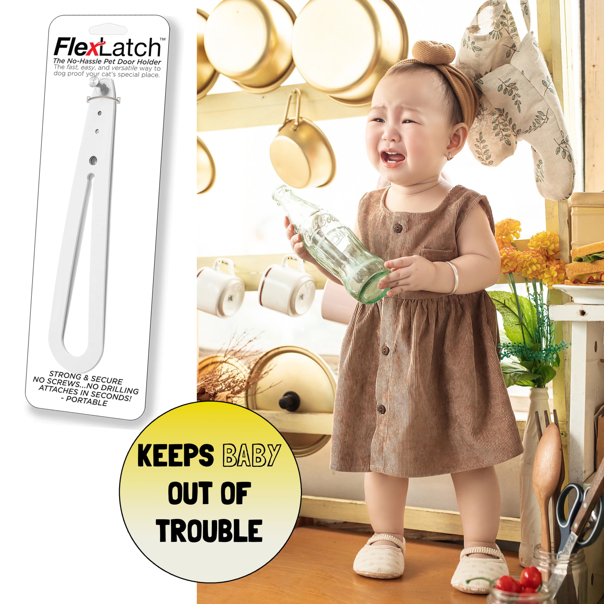 FlexLatch Baby-Pet Door Holder Latch, Child Proof Door Lock, Flex Latch Strap, Lets Cats in and Keeps Children Out (White)